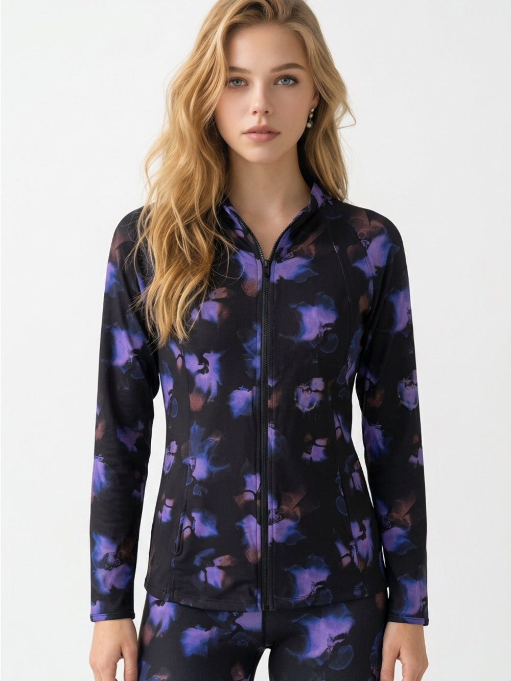 CHICO’s Floral XL Black and Purple Zip Front Jacket w/ 4 pockets